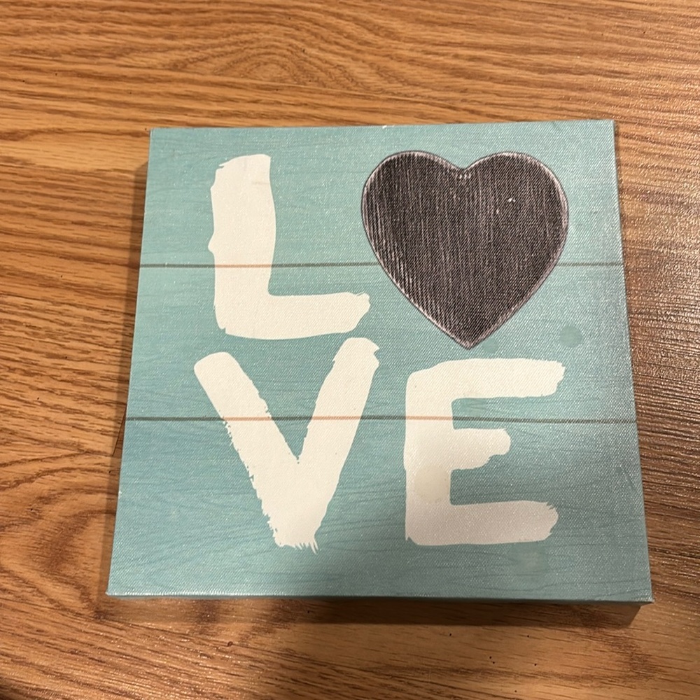 Love canvas wall decoration sign. Teal, white and black.